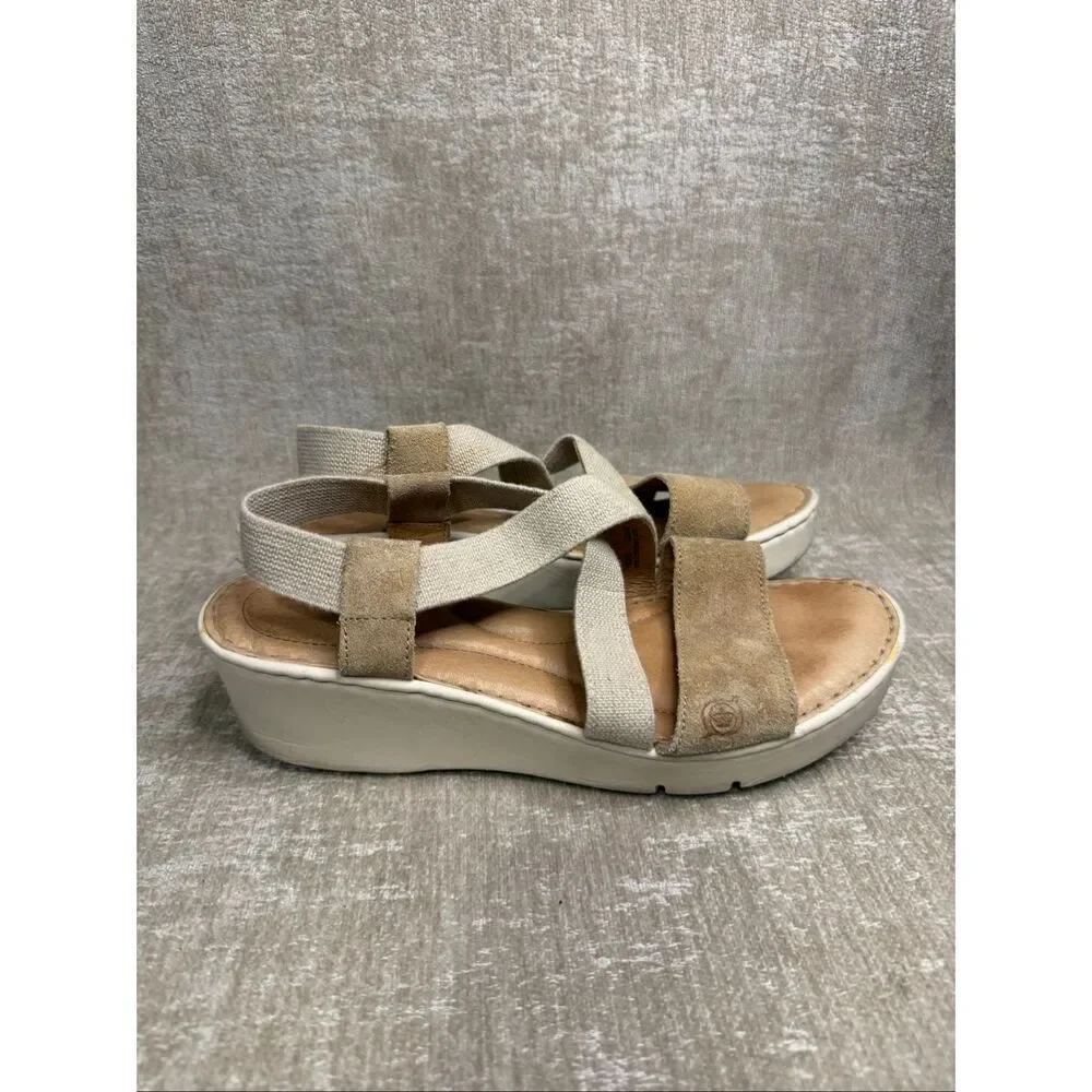 Born Women's Suede Leather Strappy Platform Wedge Slingback Sandals Tan Size 9M